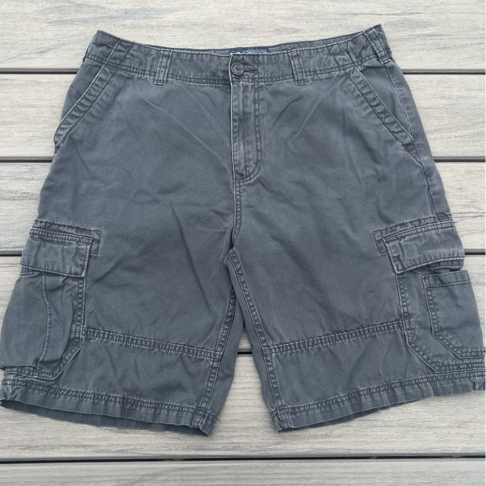 American Rag; Charcoal Grey; Classic Wide Leg; Cargo Shorts; Blue Stitching; W34